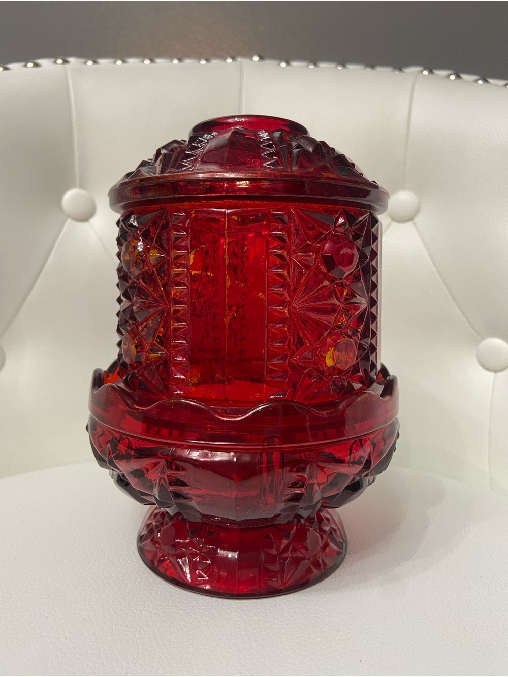 Vintage INDIANA GLASS Fairy Lamp Ruby Flash Red over Amber STARS & BARS - Picture 4 of 17